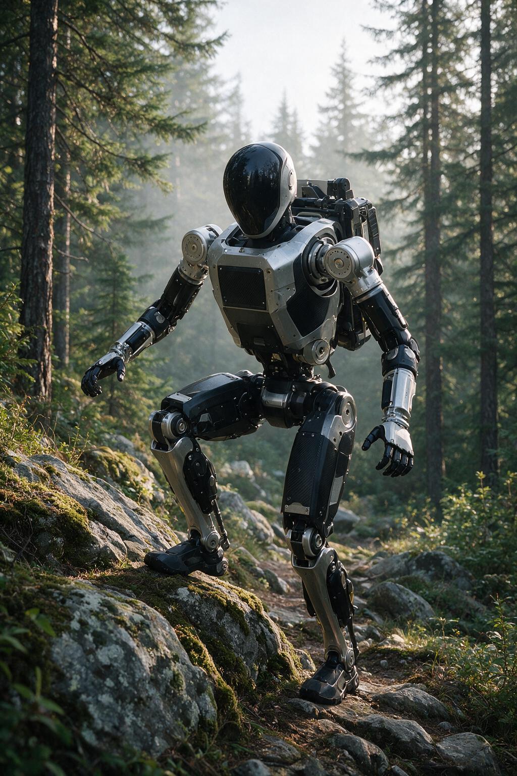 Heavy-duty humanoid robot climbing forest hillside